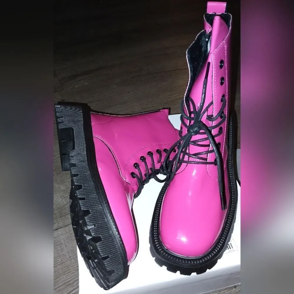 Ladies Neon Pink Combat Boots sz 8